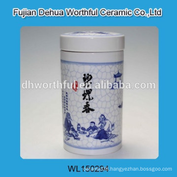 Elegant ceramic tea canister with blue and white